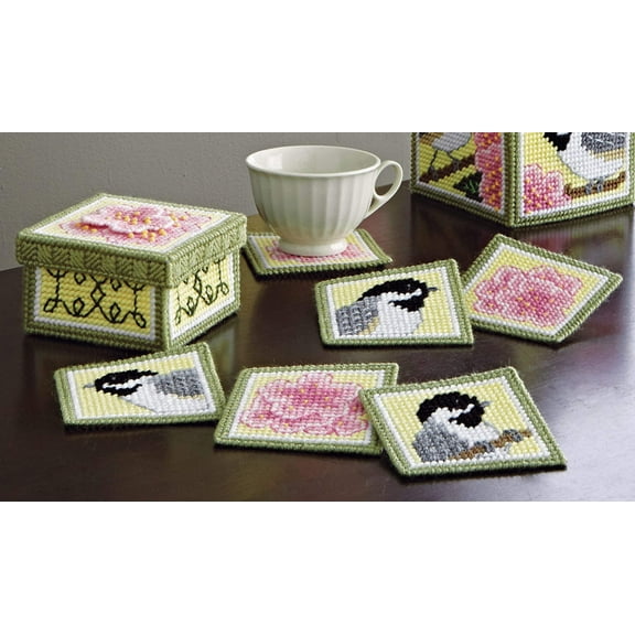 Mary Maxim Chickadee and Apple Blossom Plastic Canvas Coasters and Holder Kit - Set of 6