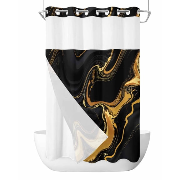 No Hook Cloth Fabric Shower Curtain with Snap in Liner, Marble Black Waterproof Shower Curtains Set with See Through Top Window, Vintage Gold Art Abstract Farmhouse Bath Curtains Shower 36"x78"