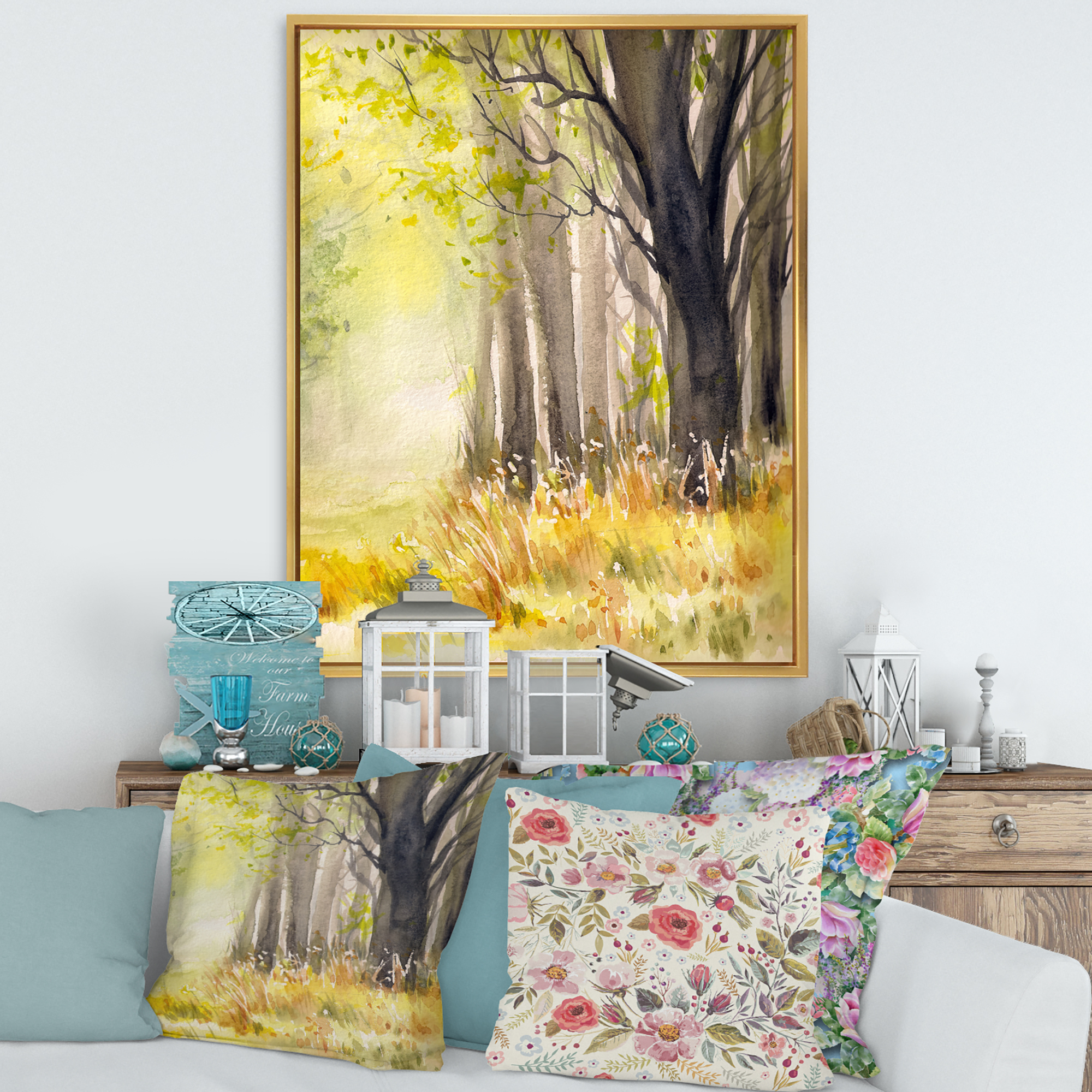 Designart 'Bright Sunshine Through The Yellow Forest Trees II' Traditional Framed Canvas Wall Art Print