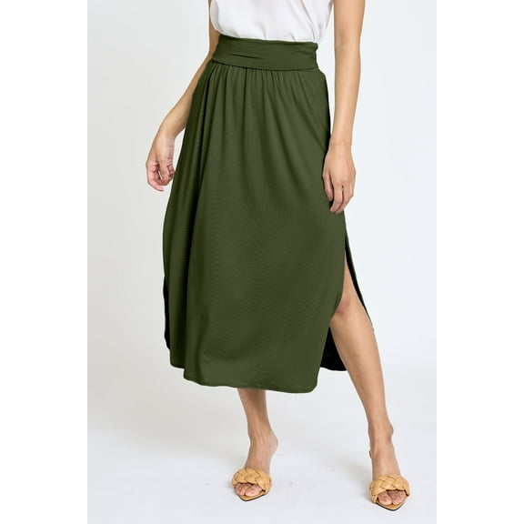 Solid Fold Over Band Side Slit Midi Skirt | 6 Colors | S-3X