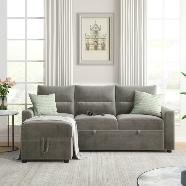 Sectional Sofa Bed Reversible Sleeper Polyester Fabric Padded Upholstered With 6 Side Pockets Modern Corner Couch Storage Chaise L Shape 3 Seat S8274 Com Sectional Sofa Bed Reversible Sleeper, 3 Seat Sectional Sofa With Cuddler