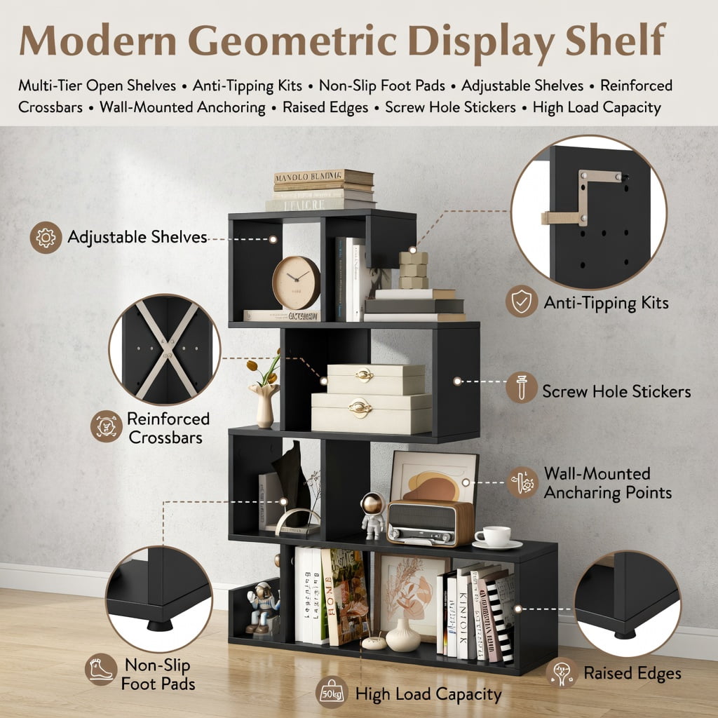 Spaco 5-Tier S-Shaped Bookshelf Geometric Z-Shelf Bookcase with Open Cubes-Black, Tall Bookshelf, Shelves for Living Room, Home Office, Bedroom, Balcony