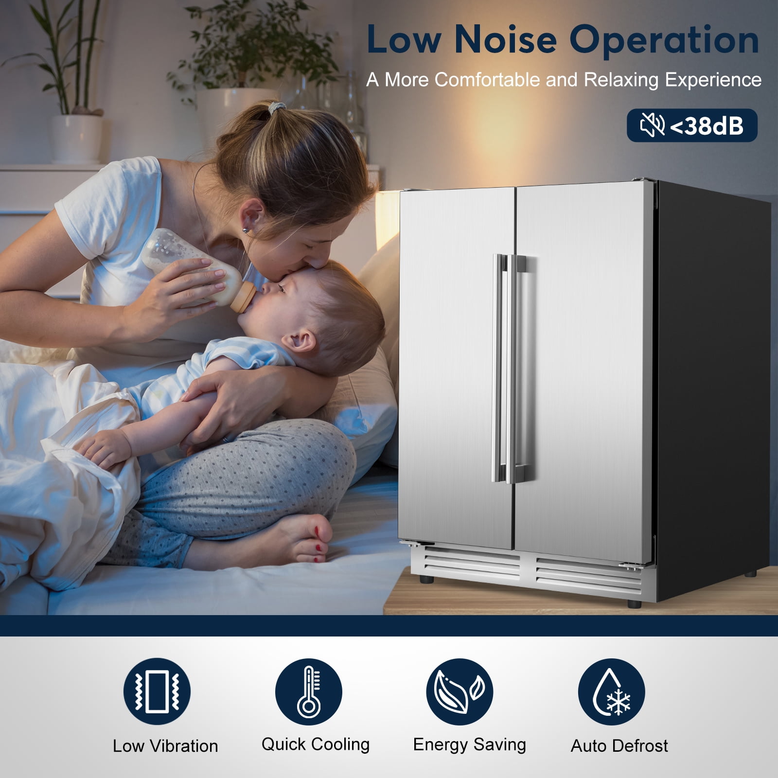 TITTLA  Beverage Refrigerator,24 Inch Wide,Dual Zone 120 Cans Built in Wine Fridge Cooler,Double Stainless Steel Doors