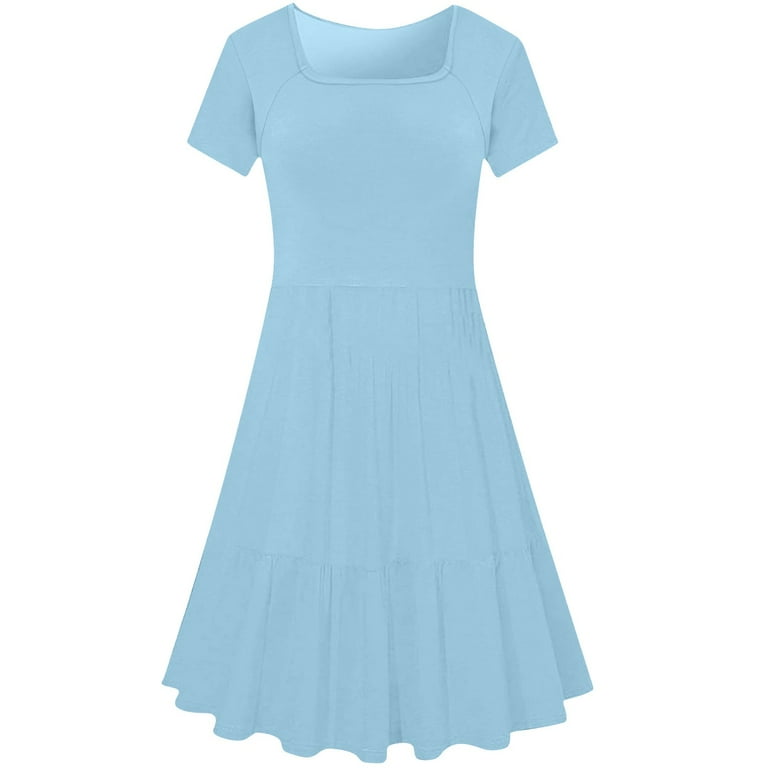 Fartey Womens Summer Casual Dresses Short Sleeve Square Neck Babydoll Dress  with Pockets 2025 Vacation A-Line Beach Dress Cute Short Sundress Light Blue  XXXL - Walmart.com