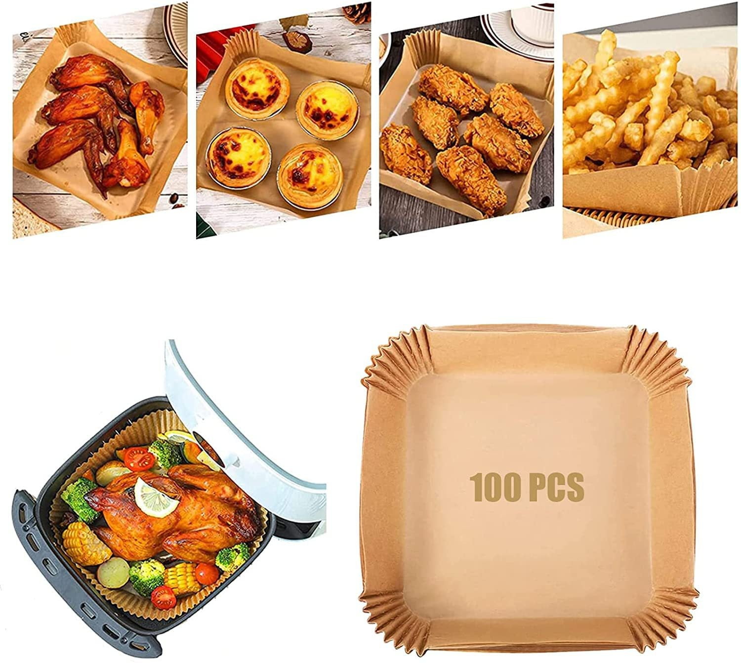 Air Fryer Paper Liners,100Pcs Parchment Paper, Air Fryer Disposable Paper  Liner for Microwave, Non-Stick Air Fryer Liners Square Free of Bleach for 6-8  QT Air Fryer Baking Roasting Microwave (6IN)
