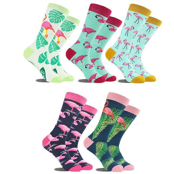 5 Pairs Colorful Flamingos Patterned Middle Tube Socks Set for Women and Men Funny Novelty Casual Dress Socks