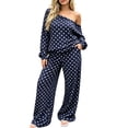 thumbnail image 3 of Tqyyweavej Polka Dot Two Piece Sets for Women Cold Shoulder Long Sleeve Tops and Wide Leg Pants with Pockets, Spring Travel Vacation Outfits 2026, 3 of 8