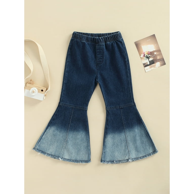 Canrulo Little Girls Children Jeans Pants Elastic High Wastic Blue Denim  Tie-Dye Flare Pants Trousers Blue 18-24 Months