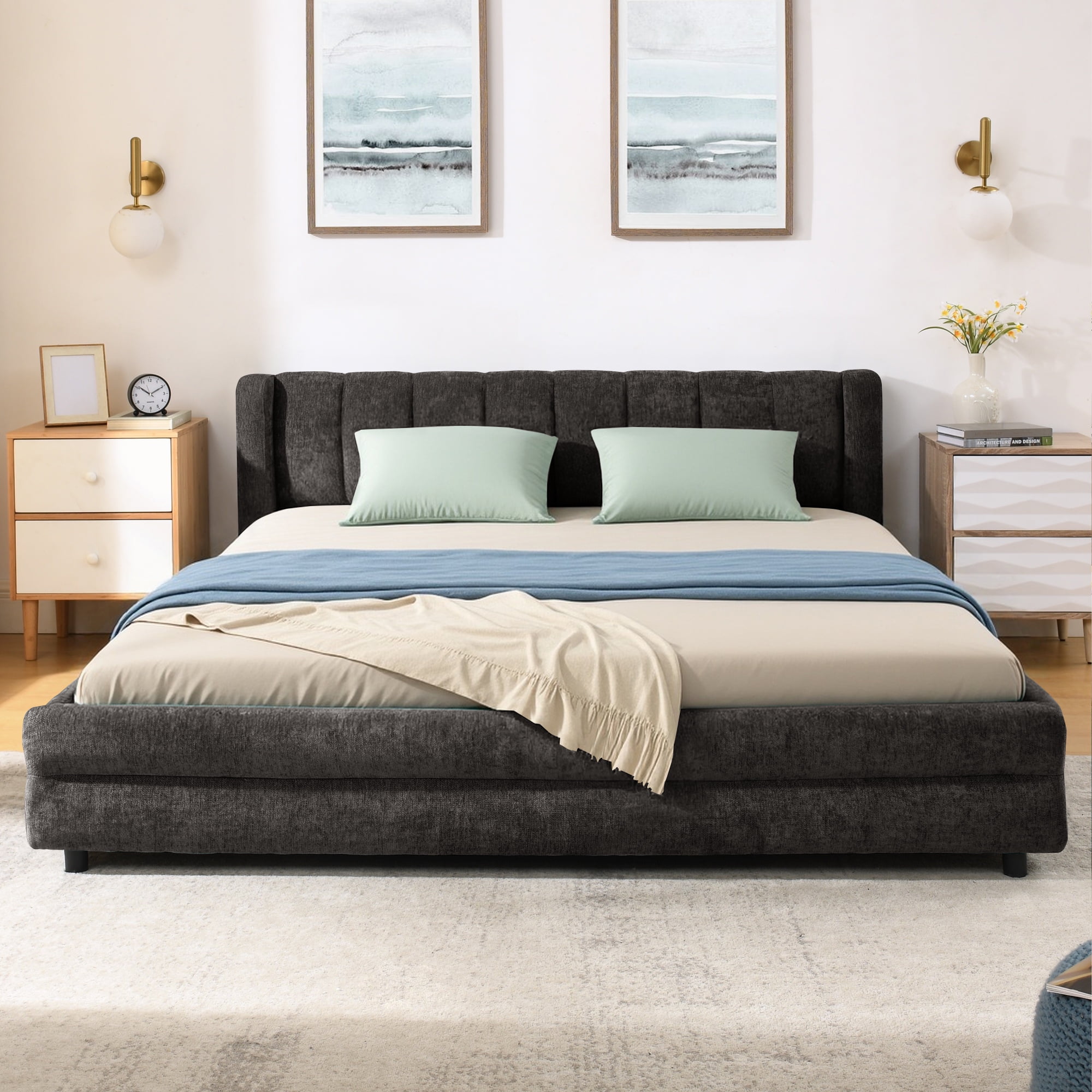 Modern Dark Grey Wood Frame Queen Size Platform Bed, Queen Chenille Upholstered Platform Bed with Headboard & 4 Drawers