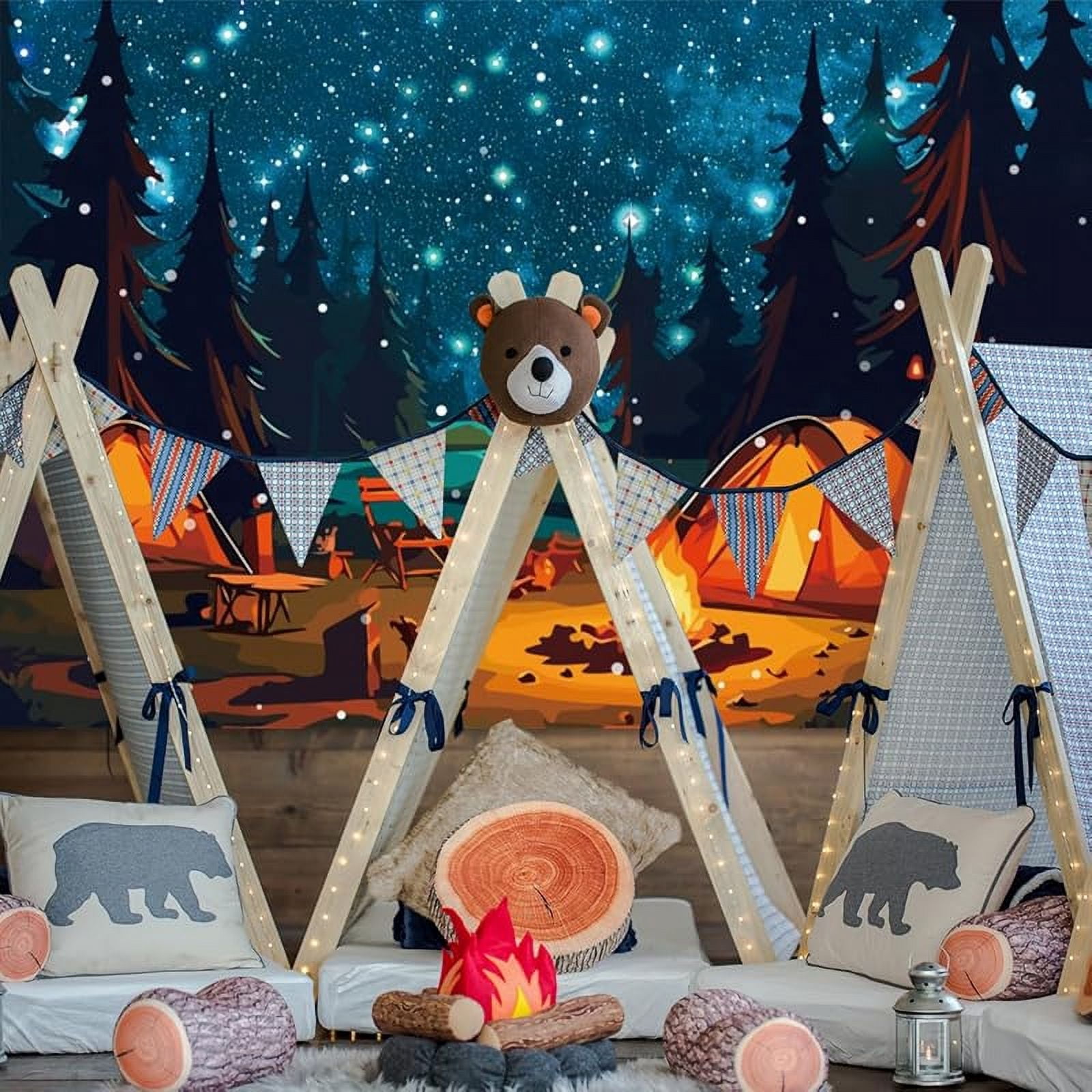 Camping-Hintergrund 3x2,4 M – Wald-Szene Mit Zelt & Lagerfeuer, Aus Polyester, Für Fotoshootings & Partys