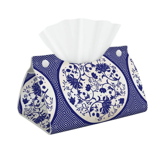 Kdxio Blue And White Porcelain Pattern Print Tissue Box Cover,Modern PU Leather Rectangular Tissue Box Holder for Bathroom Living Room Bedroom Office Desk Car Home