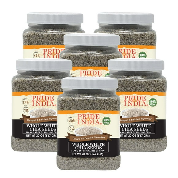 Pride Of India - PACK of 6 - Whole White Chia Seeds Raw Natural - 1.25 Pound (20 Oz) Jar with 24+ Servings - Omega-3 & Calcium Superfood - Great in smoothies, yogurt, baking, cereal, cookies