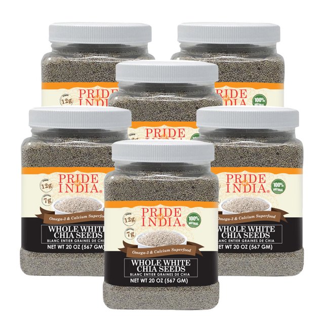 Pride Of India - PACK of 6 - Whole White Chia Seeds Raw Natural - 1.25 Pound (20 Oz) Jar with 24+ Servings - Omega-3 & Calcium Superfood - Great in smoothies, yogurt, baking, cereal, cookies