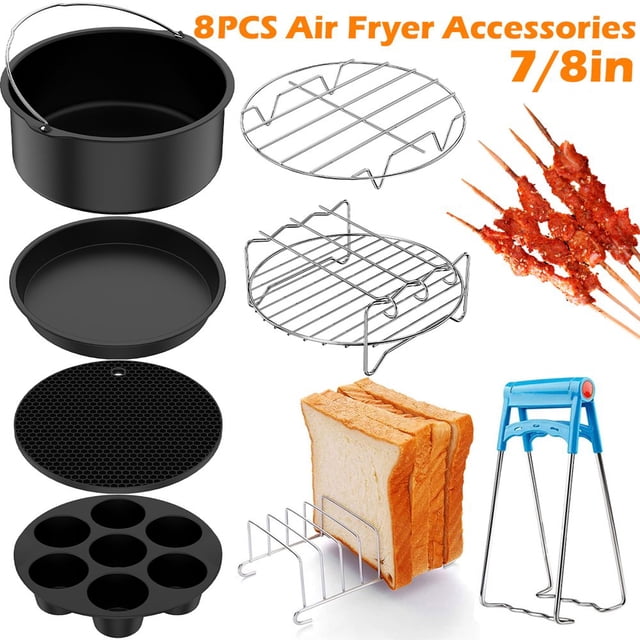 8Pcs Air Fryer Accessories Set with Cake Basket Pizza Pan Stainless Steel Skewer Rack Silicone Mat