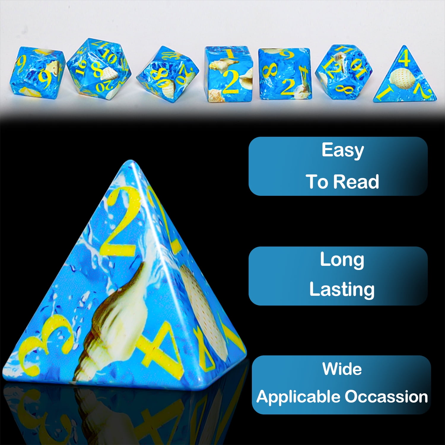 SWAJUJA DND Polyhedral Dice Set, 7 Pieces, Ocean Blue with Gold Numbers, White Conch Design