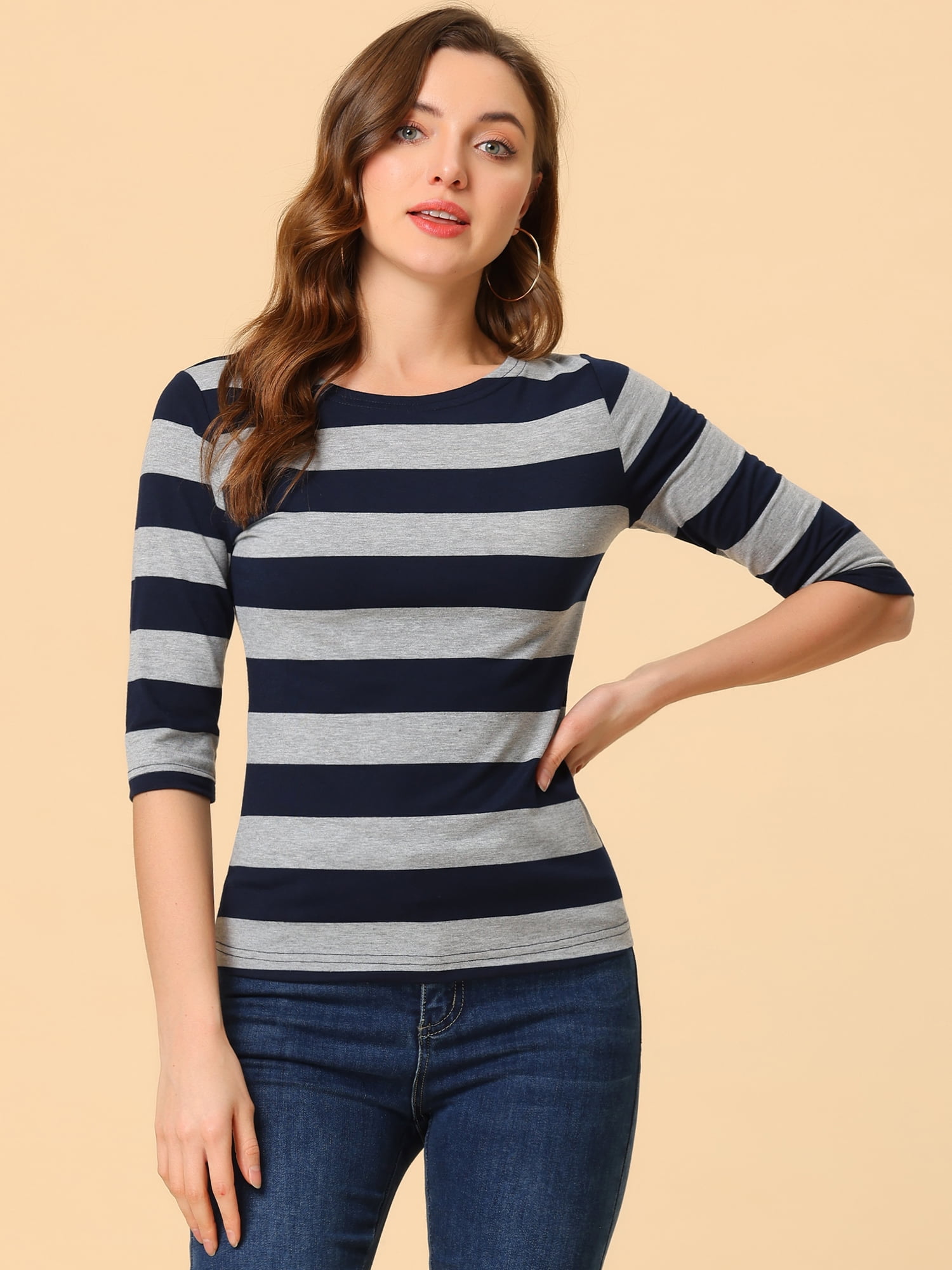 DARING DIVA Women's Halloween Costume Boat Neck Top T-Shirts M Navy Gray