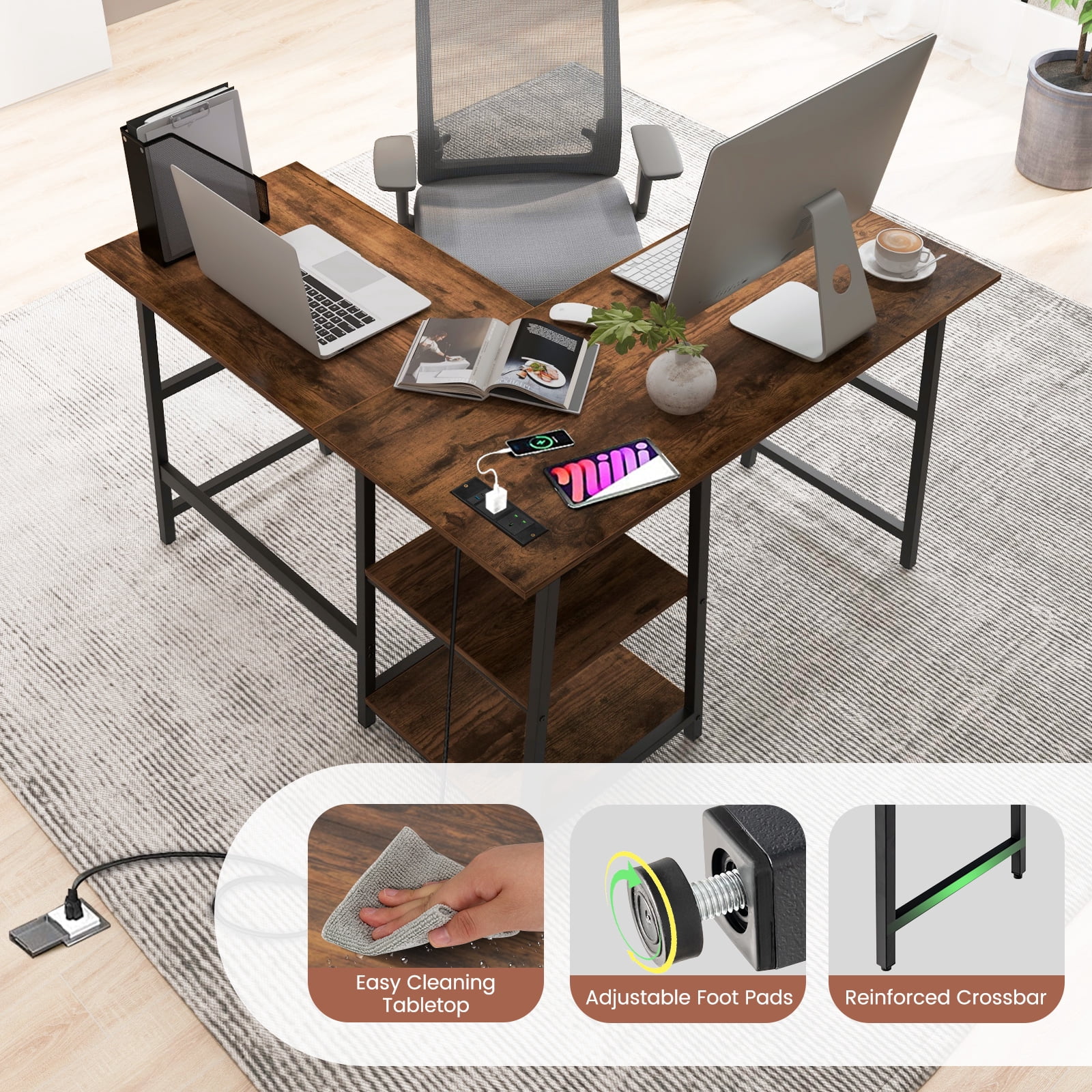 Giantex L Shaped Desk, Corner Gaming Desk w/Storage Shelves, Industrial Writing Desk Workstation, Brown