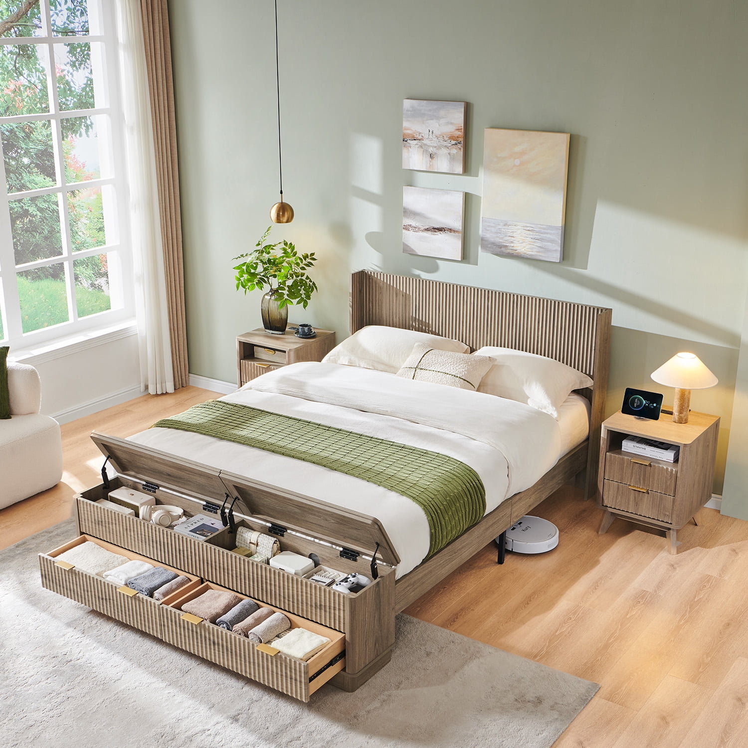 KeyWhat Modern Fluted Queen Size Bed Frame with Headboard & Storage Footboard, Built-in Drawers & Lift-Up Gas Struts, Solid Wood Slats, No Box Spring Needed, Grey Alder