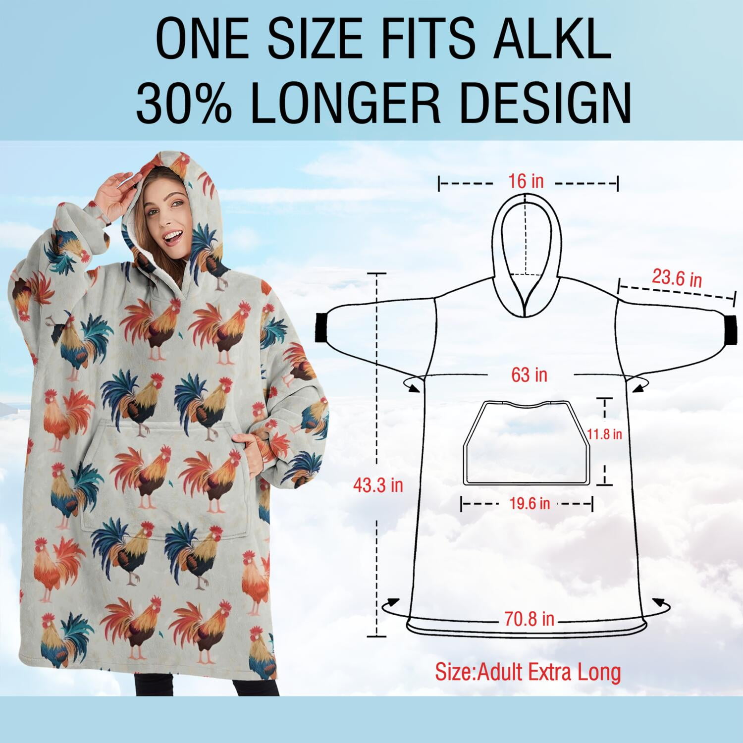 Oversized Wearable Blanket Hoodie,Light Gray Chicken Rooster Pattern Sherpa Blanket Hoodie with Super Pockets,Super Warm Fuzzy Pullover for Women & Men