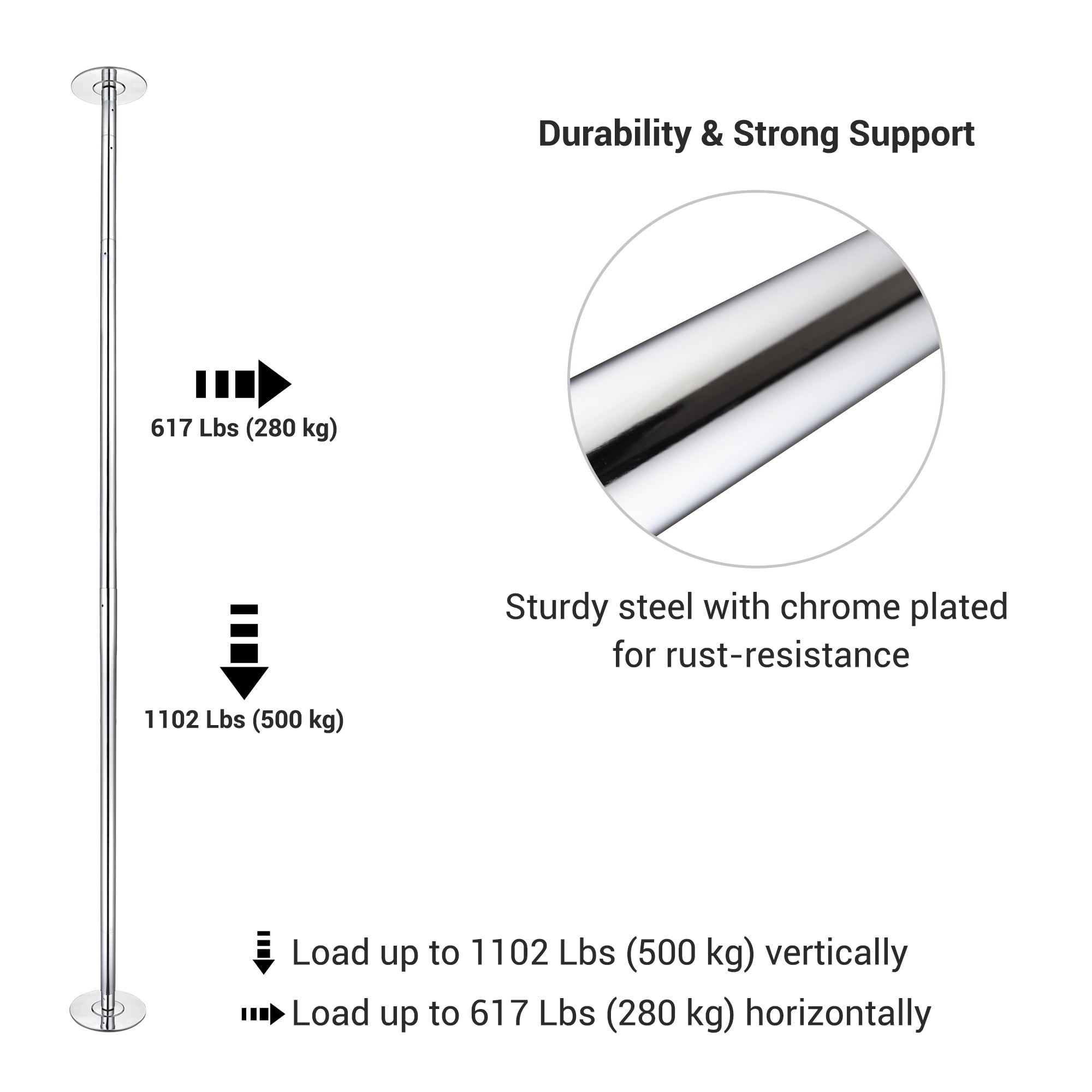 45mm Dance Pole Kit Portable Static Spinning Fitness Exercise with 2 Extensions 