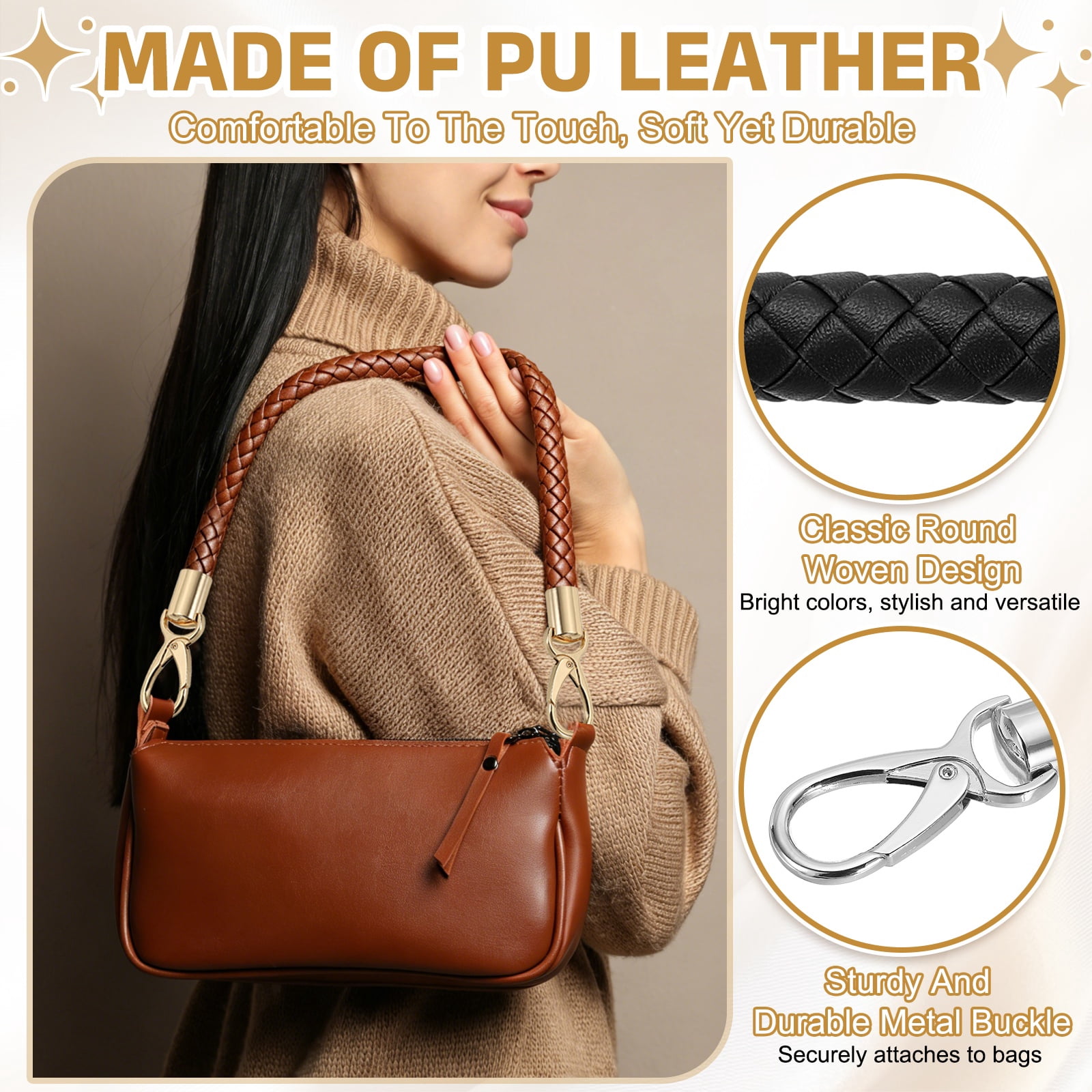 Uxcell 2 Pcs Braided Purse Strap, 65cm 25.6" PU Leather Shoulder Purse Strap for Handbag Bag Handle Replacement for DIY Making Handbag Underarm Bag, Black (Silver Buckle)