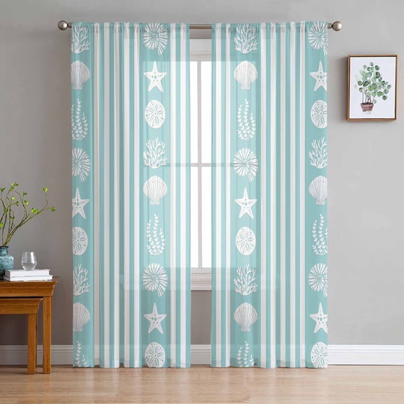 Teal Striped Coastal Semi Sheer Curtains 84 Inch Length 2 Panels Set, Nautical Beach Starfish Shell Sheer Kitchen Curtain Privacy Voile Window Curtain for Living Room Bedroom Rod Pocket Drapes