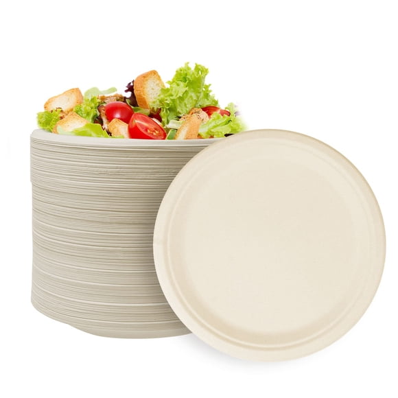 Lot de 140 Assiettes en Papier de 10 Pouces, Assiettes Jetables 100 % Compostables et Biodégradables, Assiettes Robustes en Bagasse et Canne à Sucre pour le Souper, les Fêtes et le Bi