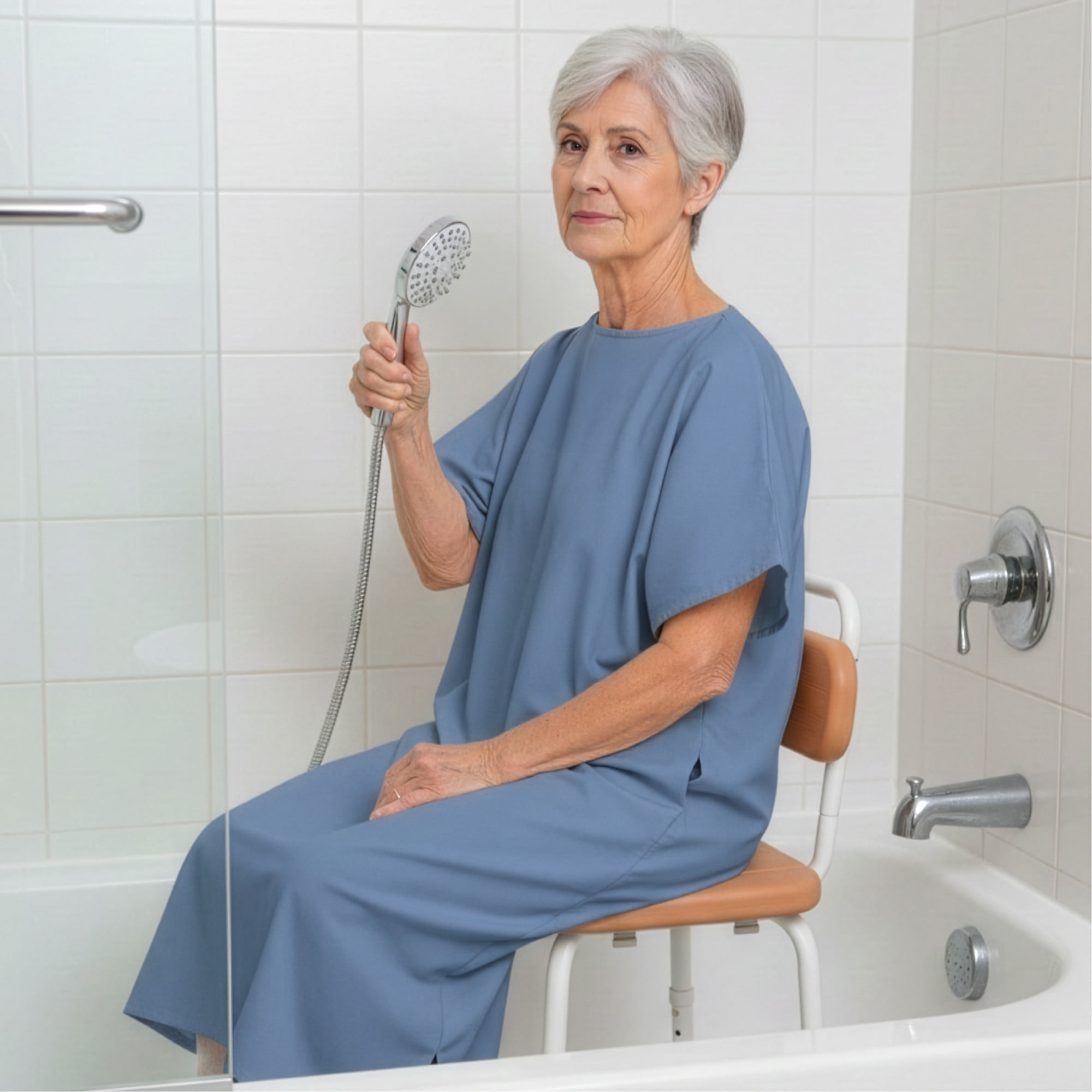 Sharper Image® Deluxe Shower Chair with Back, 350 lb Capacity, Wood Grain Finish, Adjustable Height