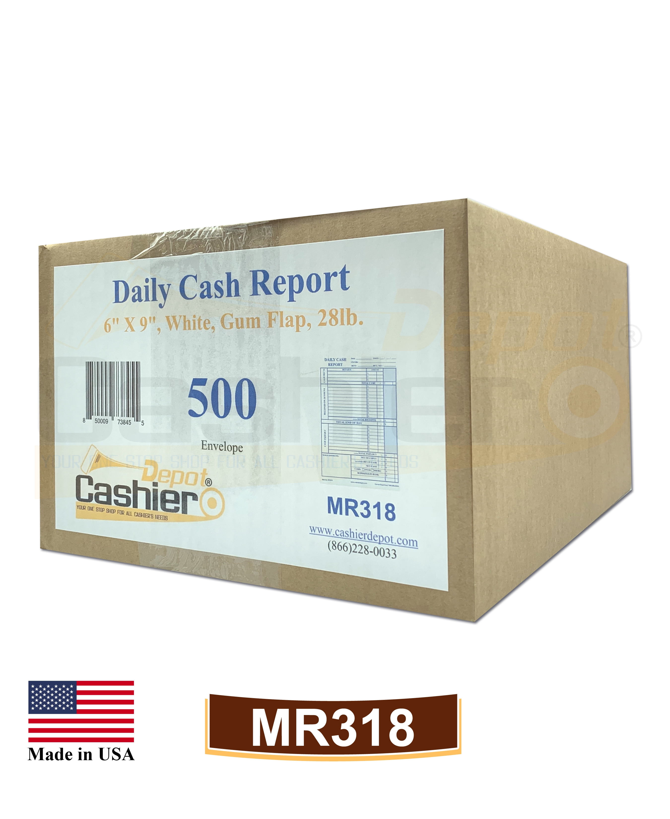 500 Cashier Depot MR318 Daily Cash Report Envelope, 6" x 9",Open End, Premium 28lb White (Gum Flap - 500 Envelopes)…