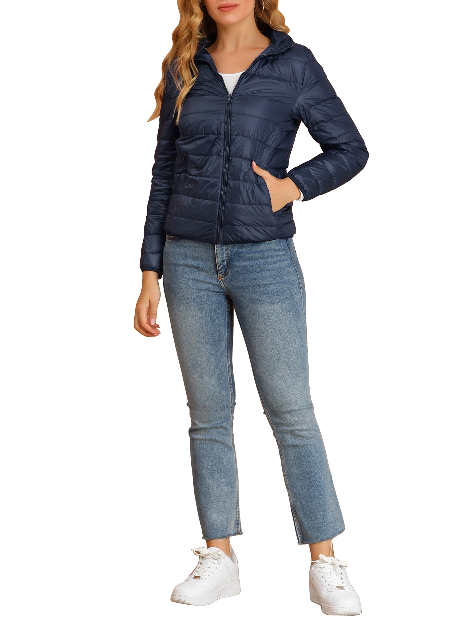 DARING DIVA Women's Hooded Zip Up Short Down Lightweight Jacket XL Dark Blue