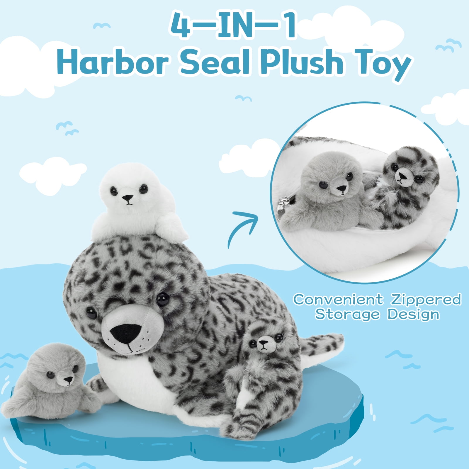 MaoGoLan 4 Pcs Seal Stuffed Animal 20" Mother Stuffed Seal Plush Set Toys with 3 Babies in Mom's Belly