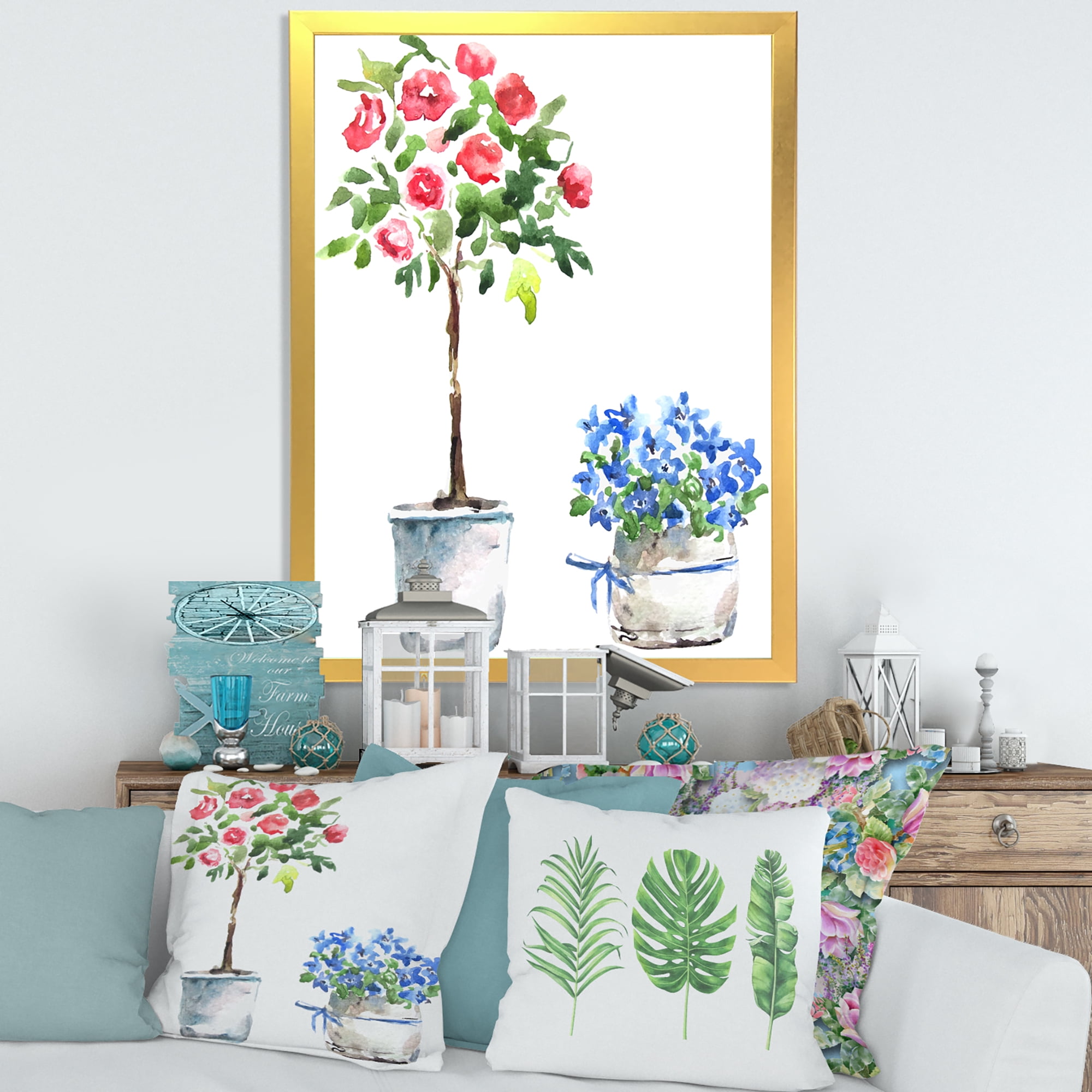 Designart 'Red and Blue Houseplants' Traditional Framed Art Print