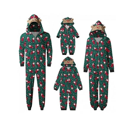 

EYIIYE Matching Family Christmas Pajamas Elk Antler Print Long Sleeve Hooded Romper Jumpsuits Xmas Holiday Sleepwear Pjs Outfits