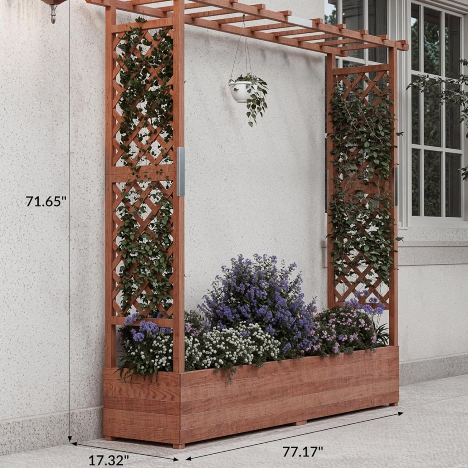Riedhoff Outdoor Wooden Raised Garden Bed with Trellis, Hanging Roof & Side Trellis, 77.16 x 17.32 x 71.65"