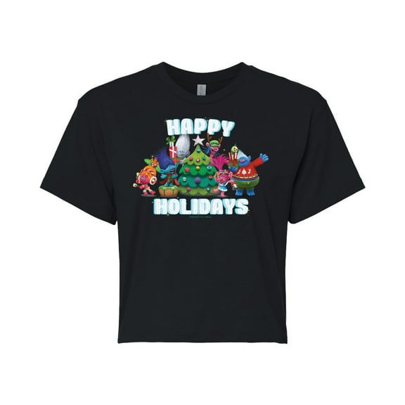 Trolls - Happy Holidays Branch and Friends - Juniors Cropped Cotton Blend T-Shirt
