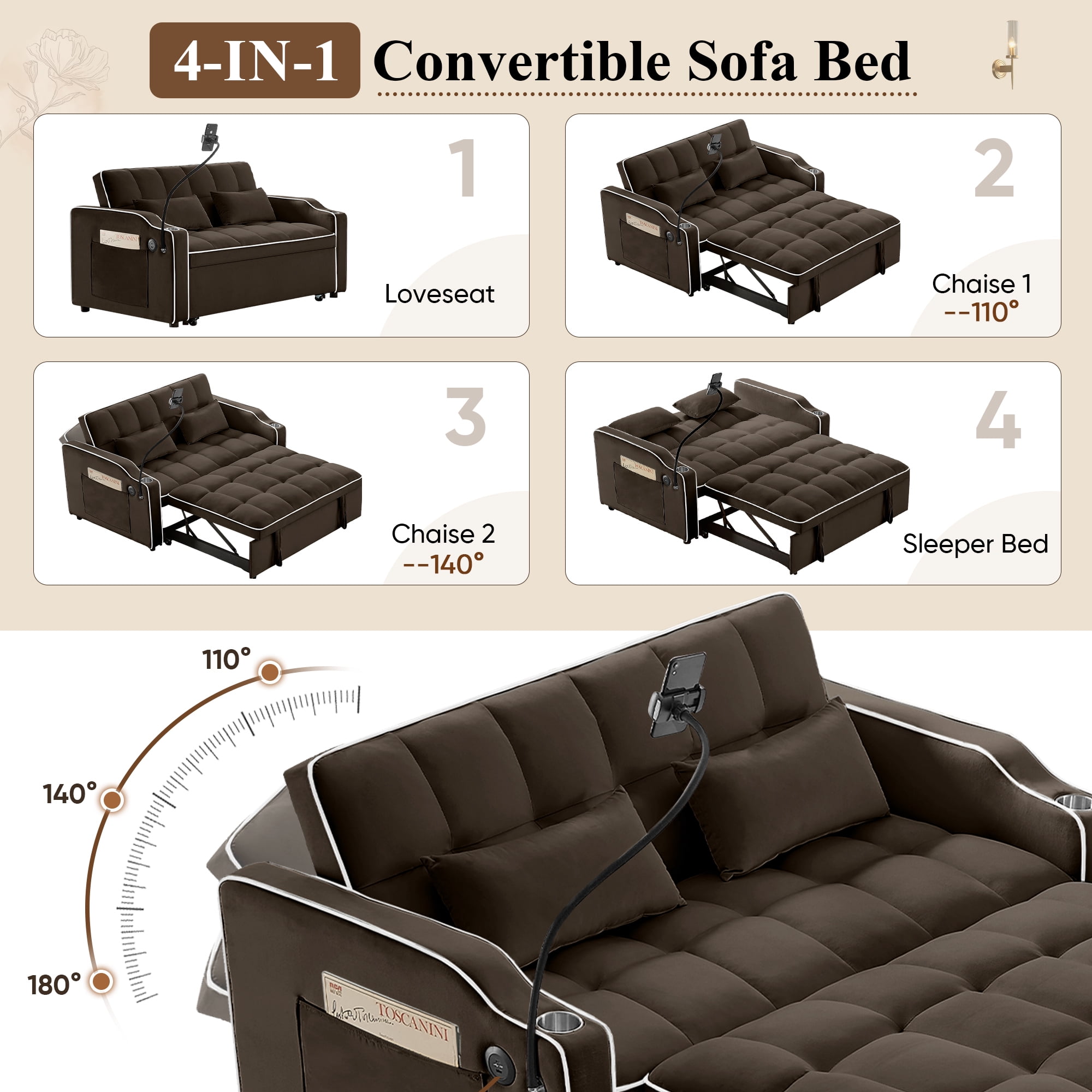 Lunale 4-in-1 Convertible Loveseat Sleeper, 55" Futon Sofa Bed with Phone Stand, USB, Brown Velvet