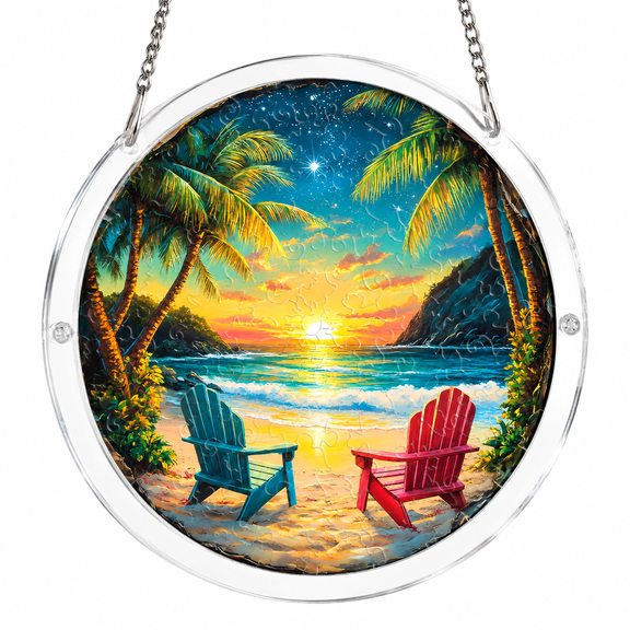 Leafnora Acrylic Jigsaw Puzzle Suncatcher,Sunset Beach Stained Glass Style Puzzle for Adults,Diy Sun Catchers Indoor Window,Home Decor,Creative Gift for Mothers Day,Birthday,Mom,Grandma-S