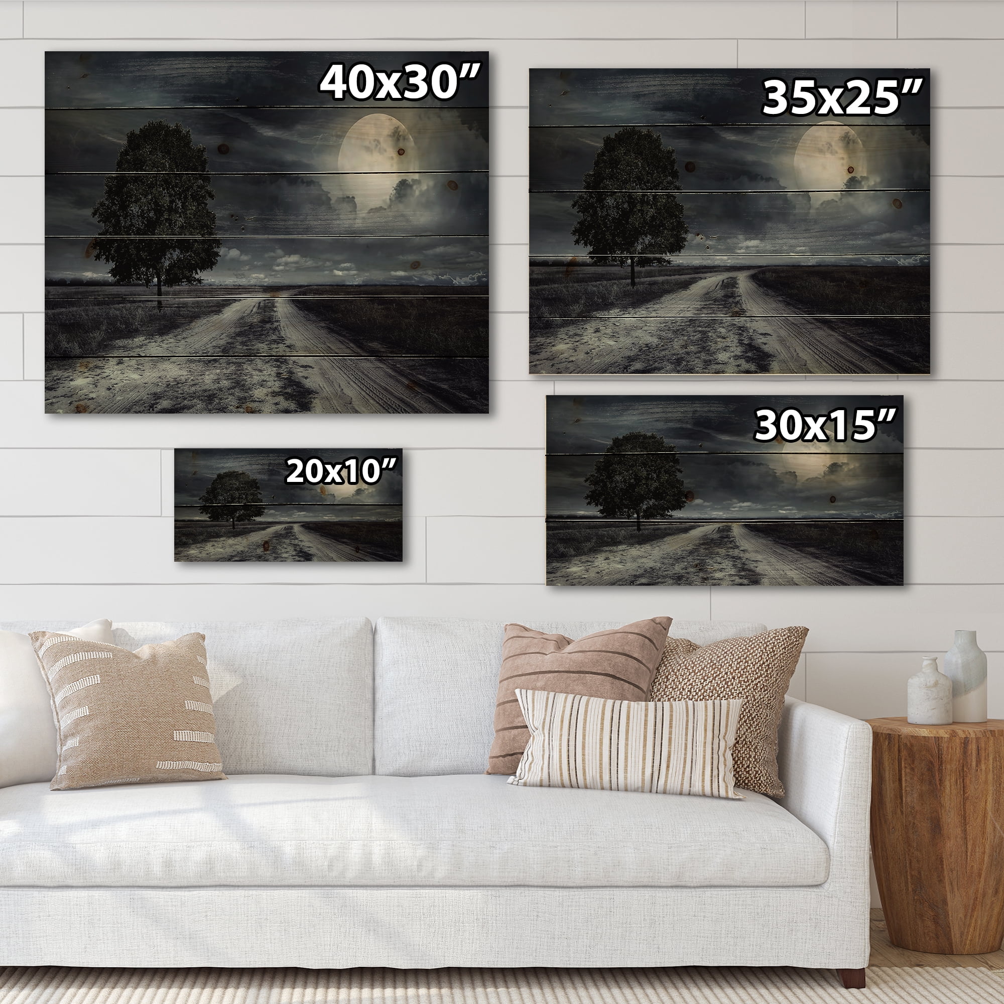 Designart 'A Full Moon Over Paved Road' Nautical & Coastal Print on Natural Pine Wood