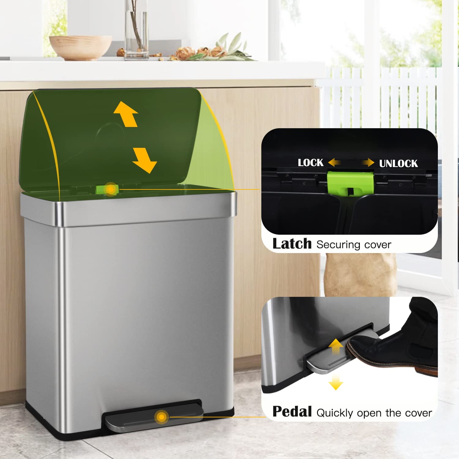 PayLessHere  60L Trash Can Soft-Close, Smude Resistant Trash Can with Foot Pedal-Brushed Stainless Steel