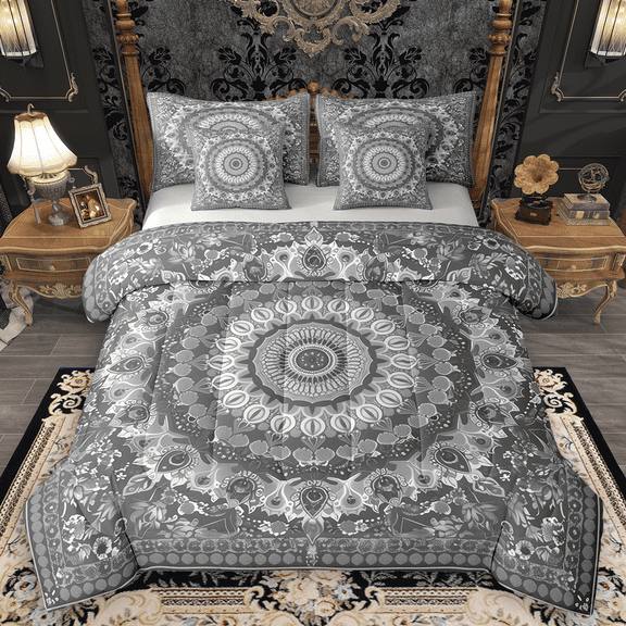 Manfei Bohemian Mandala Bedding Comforter Set 7 Pieces for Girls Women, Hippie Floral Flower Queen Bedding Sets, Gray Queen Sheet Sets, Lightweight Room Decor