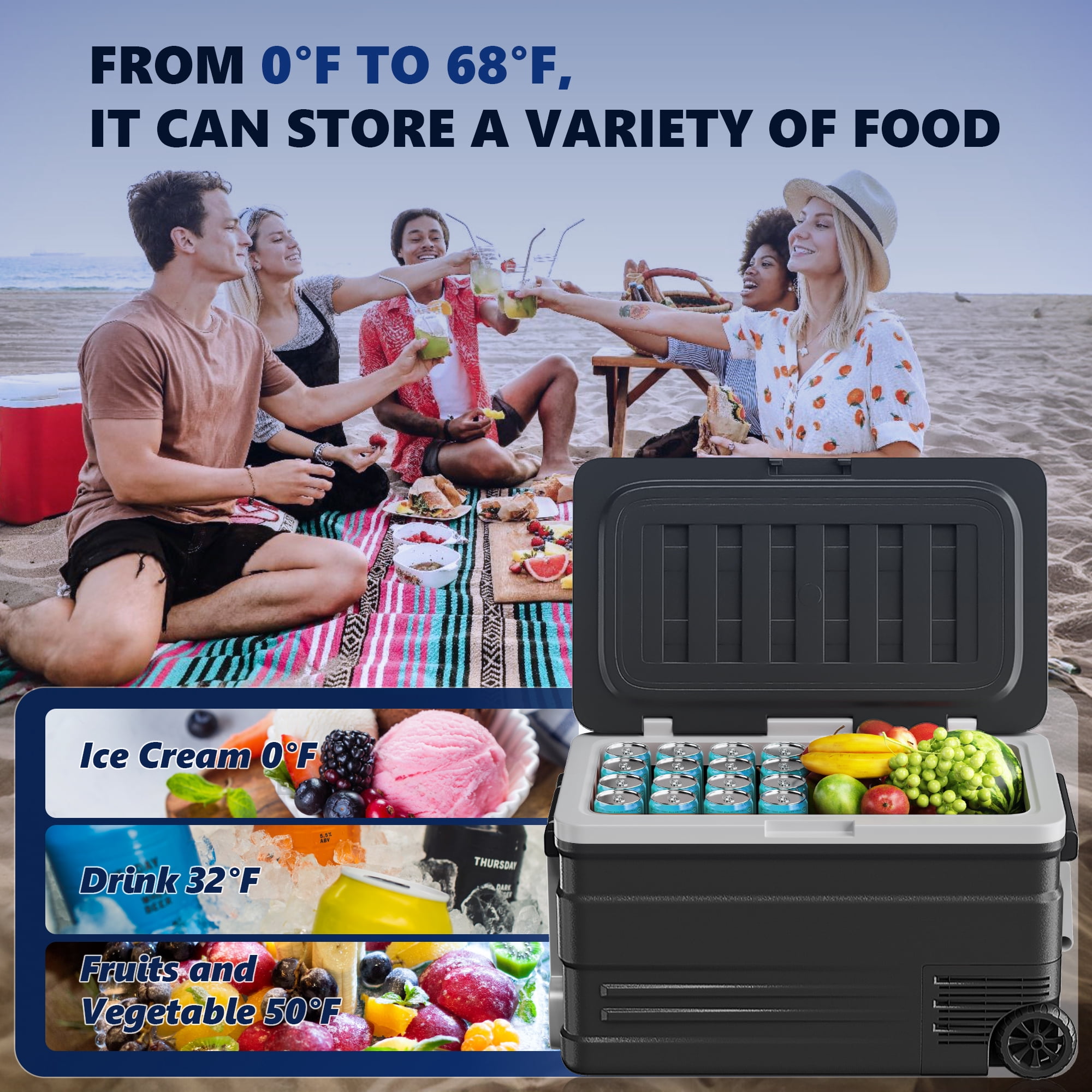 Simzlife 12 Volt Car Refrigerator, 80QT(75L) Portable RV Car Fridge with Wheels, 0℉~68℉, 12/24V DC & 110-240V AC, Black