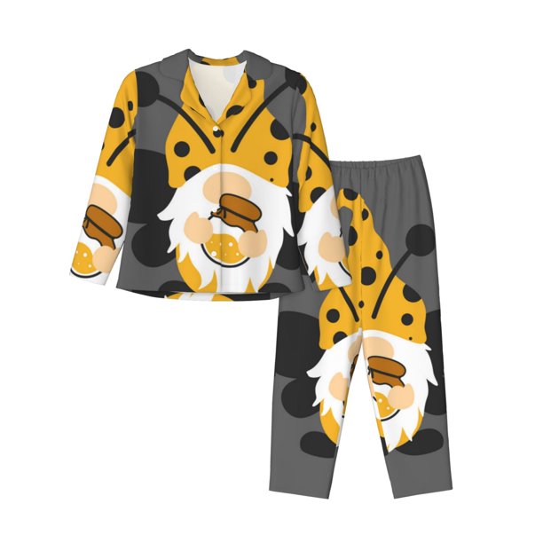 Balery Bee Gnome With Sunflower Conjunto de Pijama con Estampado para Mujer, Conjunto de Dos Piezas con Manga Larga, Ropa de Dormir Suave con Bolsillos, Pijamas Cómodos-XX-Large