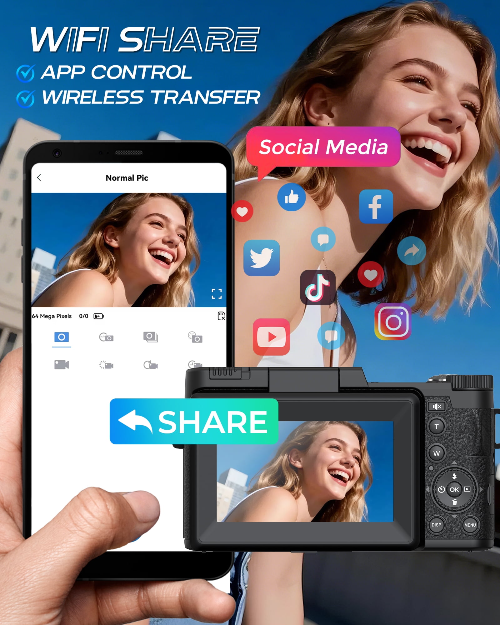 5K Vlogging Camera with WiFi 64MP 5K Digital Camera for Photography Vlog Camera with Flip Screen Video Camera for YouTube with wide-angle and macro lens,Batteries
