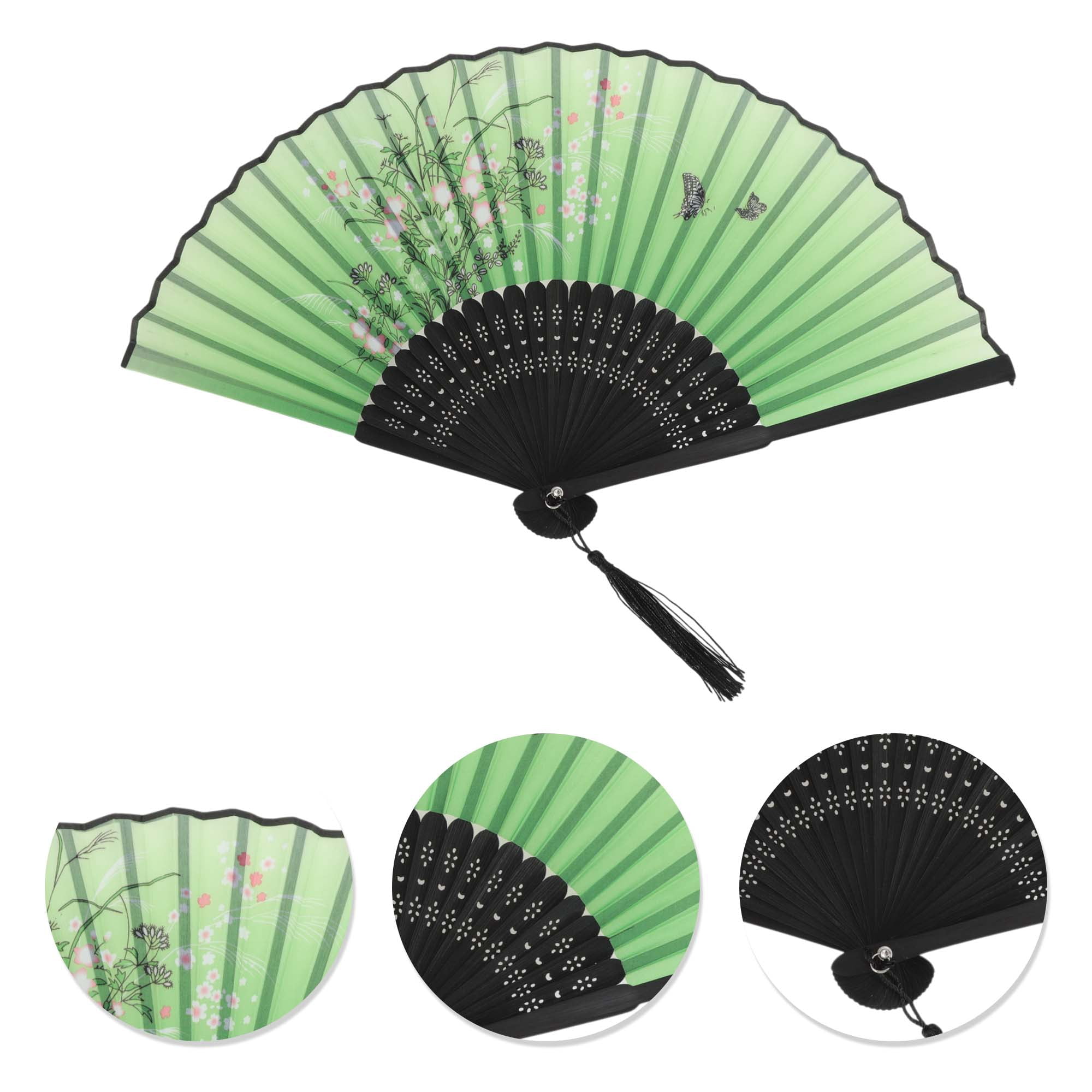Unique Bargains Ancient Style Folding Fan 1Pc Green [Cherry Blossoms & Butterfly]