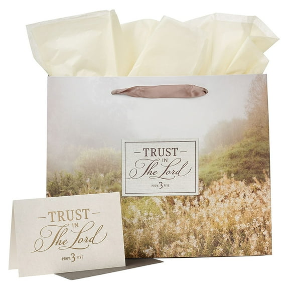 Christian Art Gifts Large Landscape Gift Bag  for Men & Women w/Greeting Card & Tissue Paper Set: Trust in the Lord - Prov. 3:5 Inspirational Bible Verse, Religious Wrapping, Scenic Golden Tan/Brown