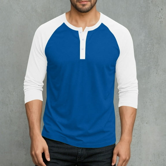 Mens Workout Top Long Sleeve Button Up Henley Shirt Casual Color Blocked Pullover Pajama Sleep Tops