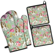 Basset Hound and Pioneer Flower Kitchen Oven Mitt and Pot Holder Sets 2 Pcs for Baking, Cooking and Grilling, Heat Resistant Up To 392 °F