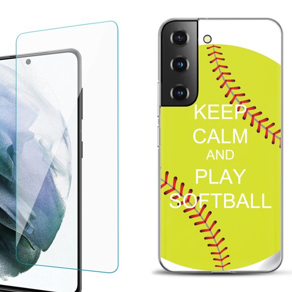 Slim-Fit Fashion Gel Phone Case for Samsung Galaxy S22  5G / S22 Plus 5G, with Tempered Glass Screen Protector, by OneToughShield ® - Keep Calm Softball