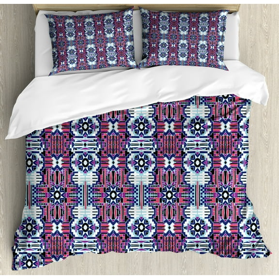 Ambesonne Aztec Duvet Cover Set, Rhythmic Modernized Tribal, Calking, Coral Purple