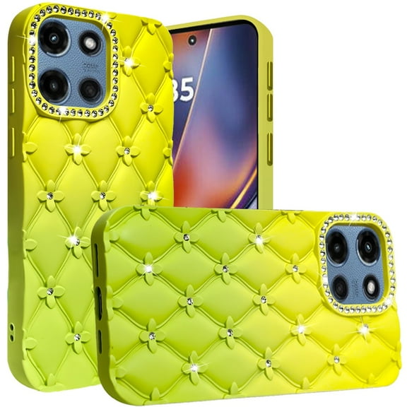 For Moto G 5G 2025/2026 - G Play 2026 - Floral Joy Glitter Shimmer Leather Feel Thick TPU Case - Yellow/Green